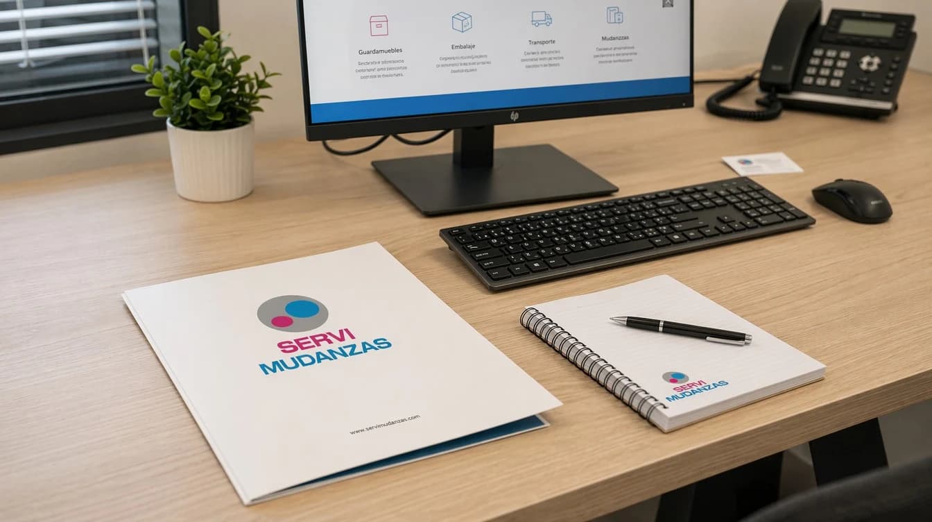 Material corporativo de Servimudanzas: carpetas, libretas y web visible en pantalla