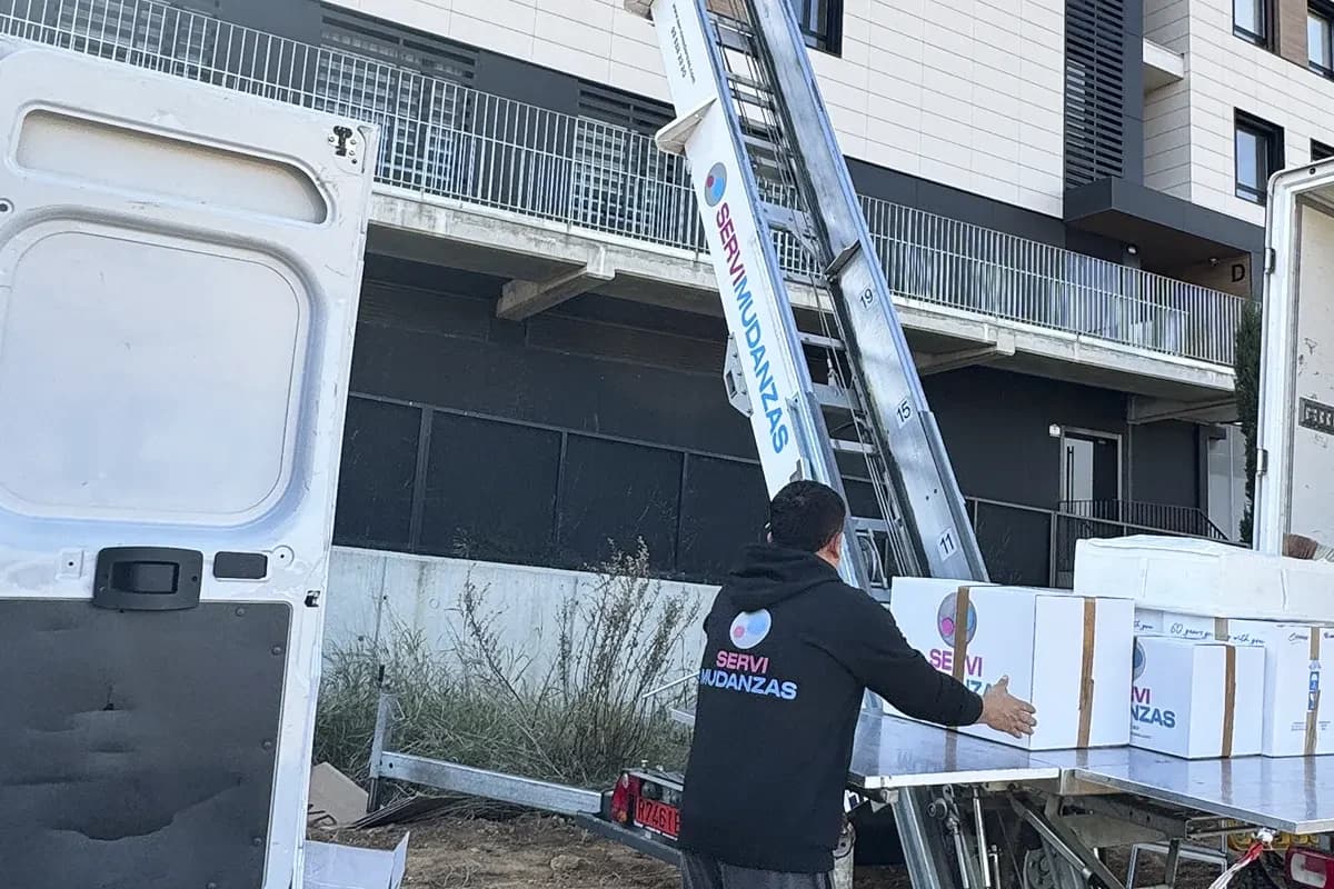 Operario de Servimudanzas cargando cajas en bandeja de plataforma elevadora
