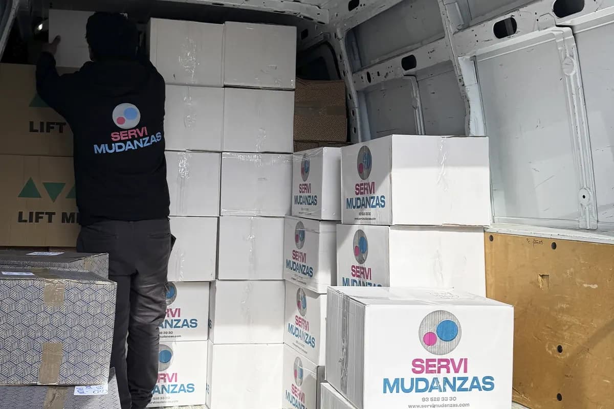 Operario de Servimudanzas cargando cajas marca en furgoneta durante mudanza